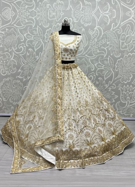 White Net With Embroidery & Sequins-Work Party-Wear Lehenga Choli