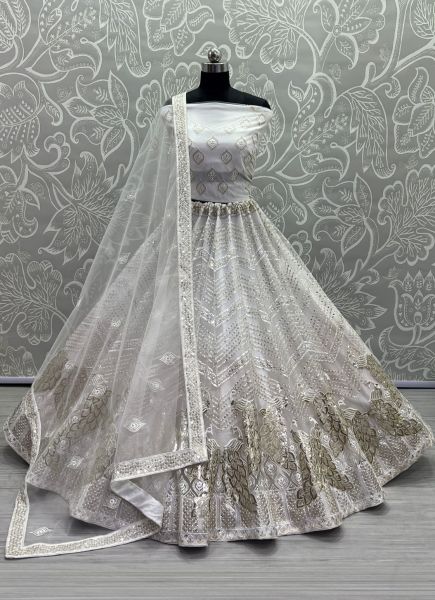 Light Gray Net With Thread, Embroidery & Sequins-Work Party-Wear Lehenga Choli