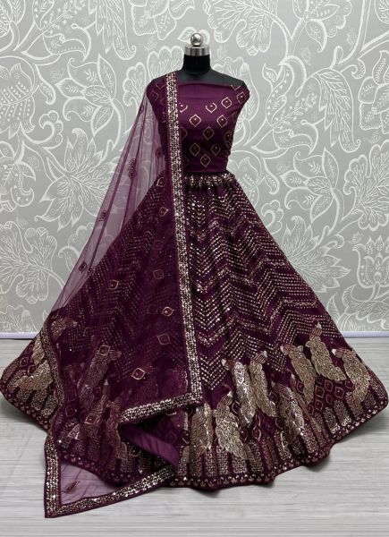 Dark Purple Net With Thread, Embroidery & Sequins-Work Party-Wear Lehenga Choli