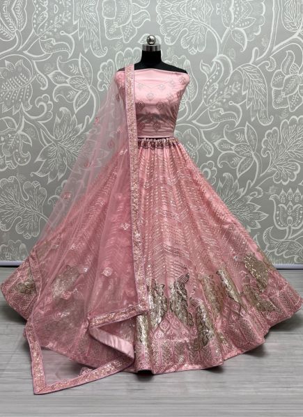 Pink Net With Thread, Embroidery & Sequins-Work Party-Wear Lehenga Choli