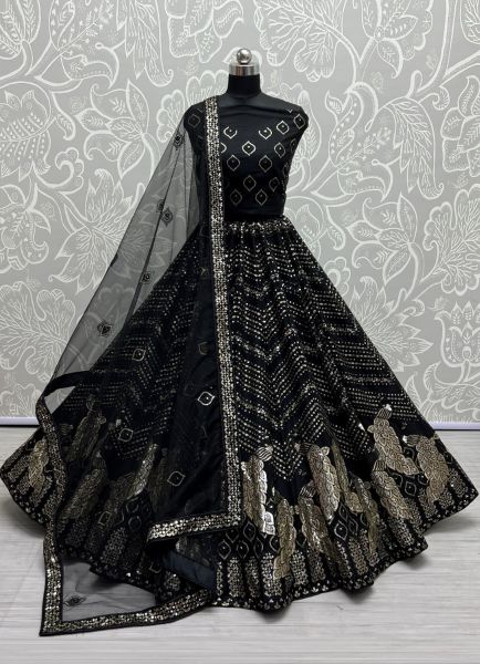 Black Net With Thread, Embroidery & Sequins-Work Party-Wear Lehenga Choli