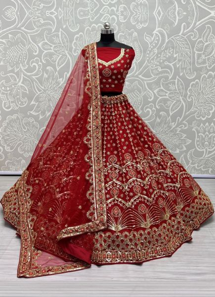 Red Net Embroidery & Sequins-Work Wedding-Wear Bridal Lehenga Choli