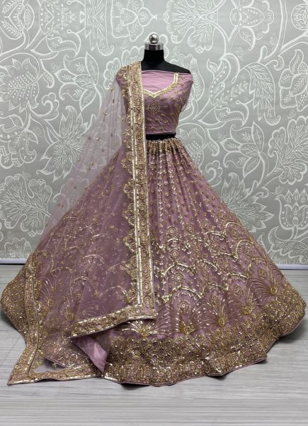 Lilac Net Embroidery & Sequins-Work Wedding-Wear Bridal Lehenga Choli