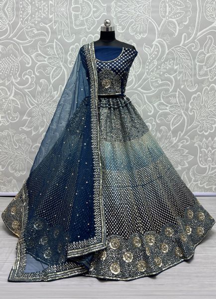 Sea Blue Net Embroidery & Sequins-Work Wedding-Wear Lehenga Choli