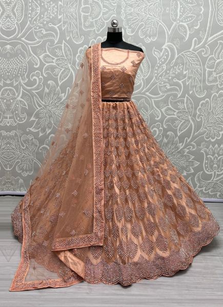 Dark Salmon Net With Thread, Diamond & Zarkan-Work Wedding-Wear Bridal Lehenga Choli
