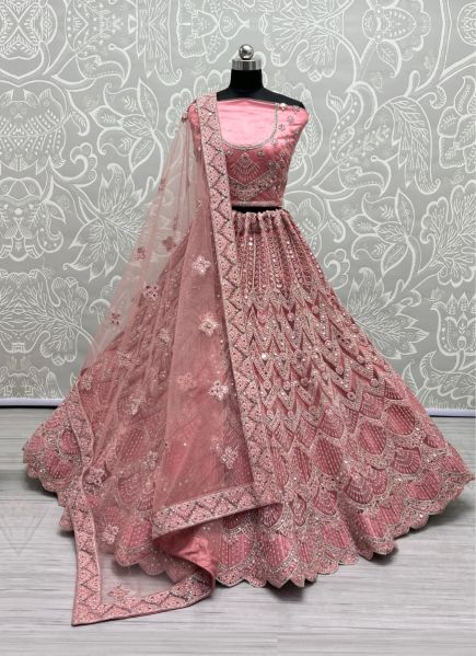 Pink Net With Thread, Embroidery, Diamond & Stone-Work Wedding-Wear Bridal Lehenga Choli
