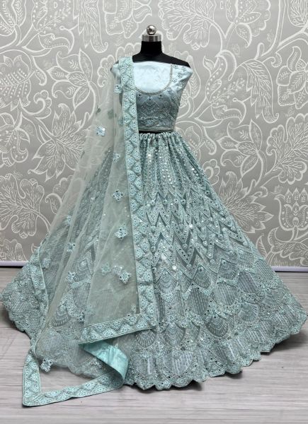 Light Blue Net With Thread, Embroidery, Diamond & Stone-Work Wedding-Wear Bridal Lehenga Choli