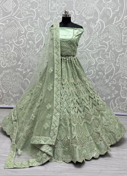 Light Green Net With Thread, Embroidery, Diamond & Stone-Work Wedding-Wear Bridal Lehenga Choli