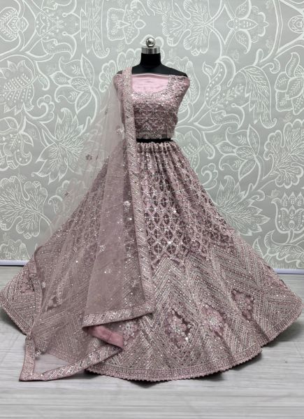 Lilac Net With Thread, Mirror, Diamond & Stone-Work Wedding-Wear Bridal Lehenga Choli