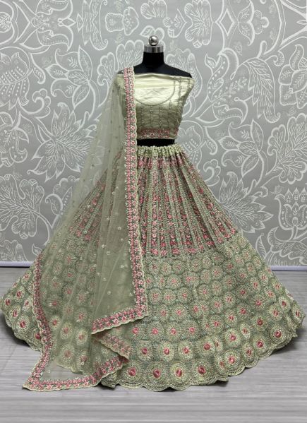 Light Sage Green Net With Thread, Embroidery, Mirror & Handwork Wedding-Wear Bridal Lehenga Choli