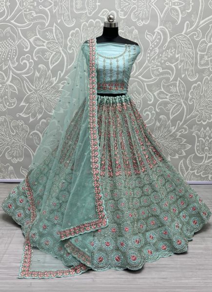 Light Blue Net With Thread, Embroidery, Mirror & Handwork Wedding-Wear Bridal Lehenga Choli