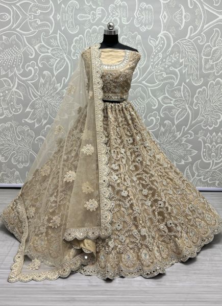 Creamy Yellow Net Embroidery, Mirror, Diamond & Handwork Wedding-Wear Bridal Lehenga Choli