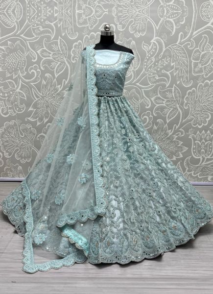 Light Blue Net Embroidery, Mirror, Diamond & Handwork Wedding-Wear Bridal Lehenga Choli
