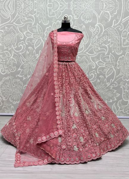 Dull Pink Net Stone-Work Wedding-Wear Bridal Lehenga Choli