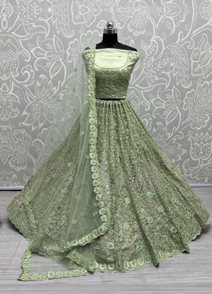 Light Green Net Stone-Work Wedding-Wear Bridal Lehenga Choli