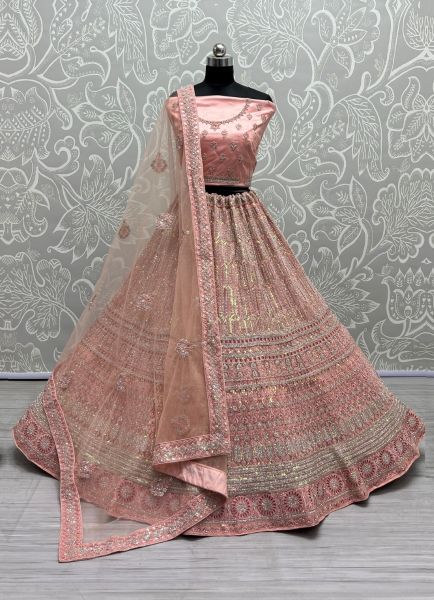Light Coral Net Sequins, Embroidery & Stone-Work Wedding-Wear Bridal Lehenga Choli