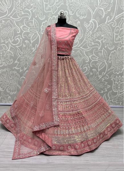 Pink Net Sequins, Embroidery & Stone-Work Wedding-Wear Bridal Lehenga Choli