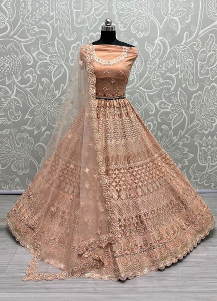 Peach Net Thread, Embroidery, Sequins & Stone-Work Wedding-Wear Bridal Lehenga Choli