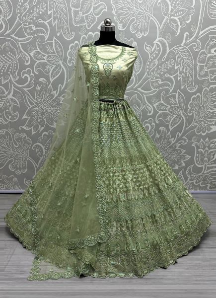 Light Green Net Thread, Embroidery, Sequins & Stone-Work Wedding-Wear Bridal Lehenga Choli