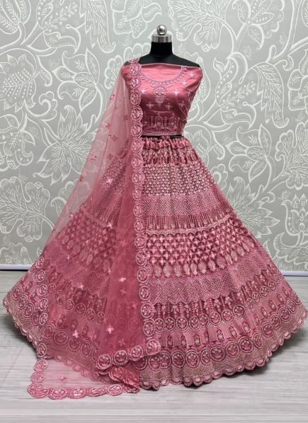 Dark Pink Net Thread, Embroidery, Sequins & Stone-Work Wedding-Wear Bridal Lehenga Choli