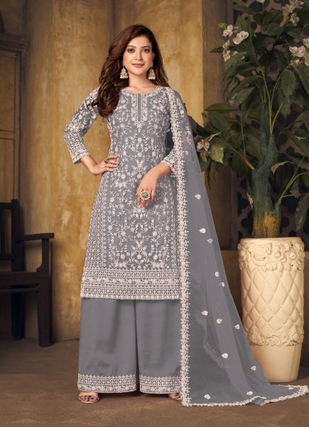 Gray Net With Embroidery & Thread-Work Festive-Wear Palazzo-Bottom Salwar Kameez