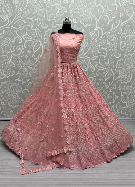 Pink Net Thread, Embroidery & Sequins Work Wedding-Wear Bridal Lehenga Choli