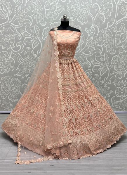 Peach Net Thread, Embroidery & Sequins Work Wedding-Wear Bridal Lehenga Choli