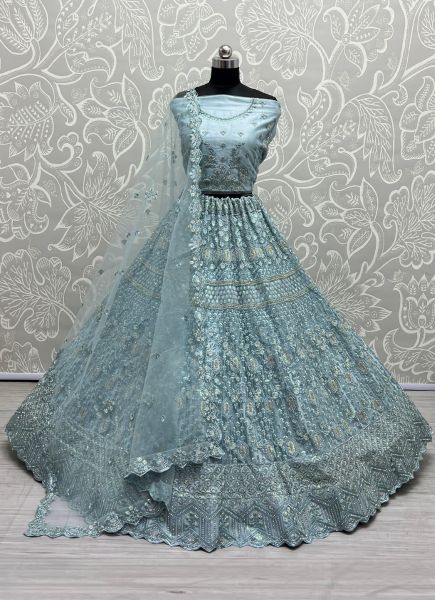 Sky Blue Net Thread, Embroidery & Sequins Work Wedding-Wear Bridal Lehenga Choli