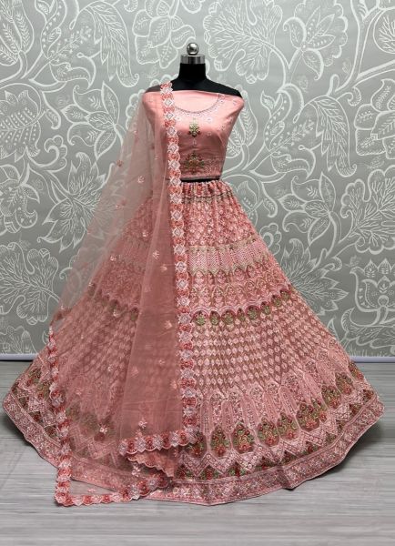Pink Net Zari & Embroidered Wedding-Wear Bridal Lehenga Choli