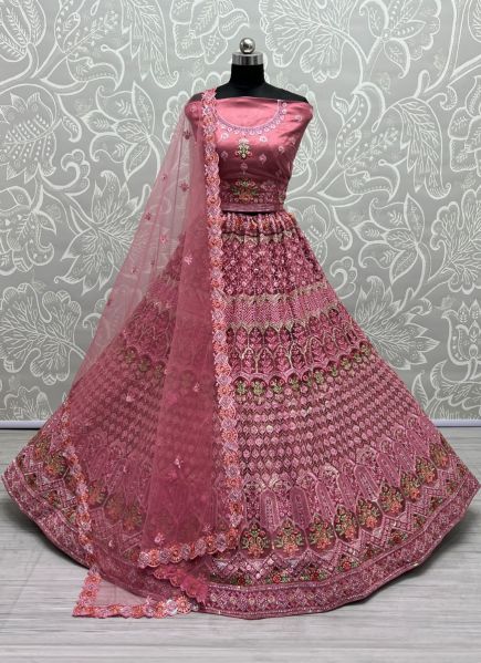 Dark Pink Net Zari & Embroidered Wedding-Wear Bridal Lehenga Choli