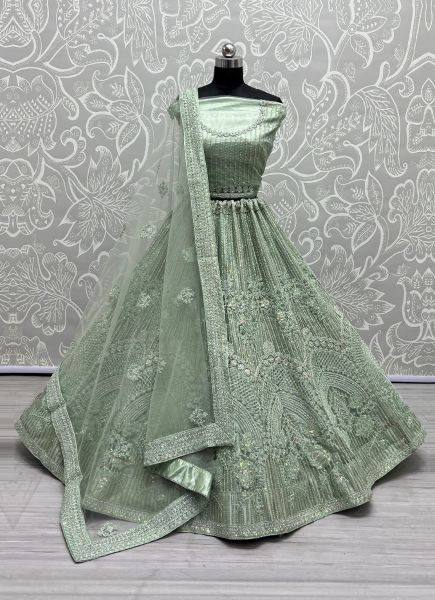 Light Green Net Thread, Sequins, Embroidery, Diamond & Stone-Work Wedding-Wear Bridal Lehenga Choli
