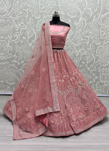 Pink Net Thread, Sequins, Embroidery, Diamond & Stone-Work Wedding-Wear Bridal Lehenga Choli