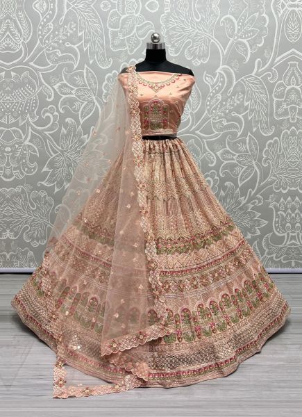 Peach Net With Thread, Embroidery, Sequins & Stone-Work Wedding-Wear Bridal Lehenga Choli