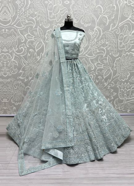 Light Blue Net With Thread, Embroidery & Stone-Work Wedding-Wear Bridal Lehenga Choli