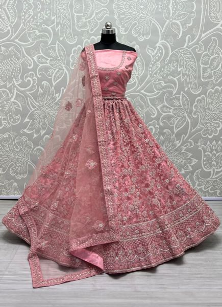Pink Net With Thread, Embroidery & Stone-Work Wedding-Wear Bridal Lehenga Choli