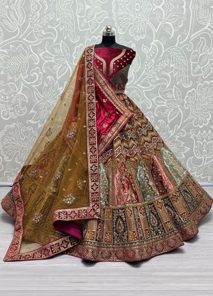 Multicolor Velvet With Thread, Embroidery, Zircon & Handwork Wedding-Wear Bridal Lehenga Choli