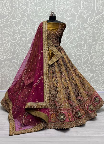 Golden Brown Velvet With Multiwork Wedding-Wear Bridal Lehenga Choli With Double Blouse