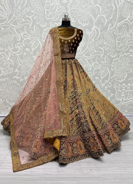 Golden Velvet With Multiwork Wedding-Wear Bridal Lehenga Choli With Double Blouse