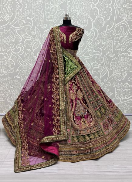 Purple Velvet With Multiwork Wedding-Wear Bridal Lehenga Choli With Double Blouse