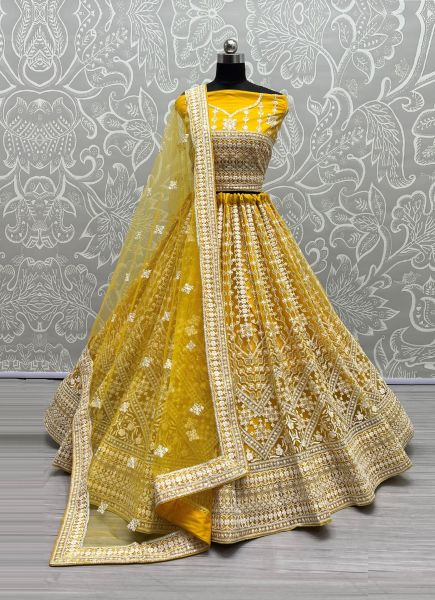 Yellow Net Embroidery, Sequins & Handwork Wedding-Wear Bridal Lehenga Choli