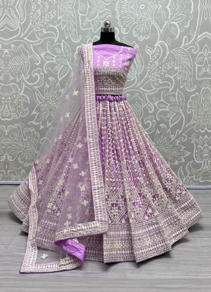 Lavender Net Embroidery, Sequins & Handwork Wedding-Wear Bridal Lehenga Choli