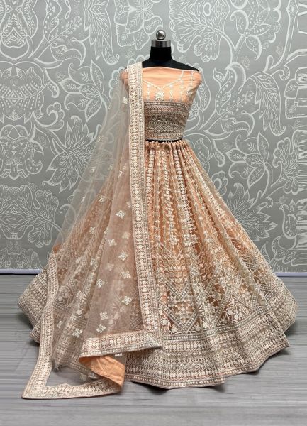 Light Peach Net Embroidery, Sequins & Handwork Wedding-Wear Bridal Lehenga Choli