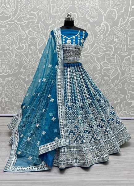 Sea Blue Net Embroidery, Sequins & Handwork Wedding-Wear Bridal Lehenga Choli