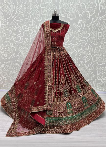 Dark Maroon Velvet With Thread, Embroidery & Handwork Wedding-Wear Bridal Lehenga Choli