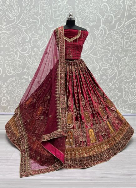 Wine Red Velvet With Thread, Embroidery & Handwork Wedding-Wear Bridal Lehenga Choli