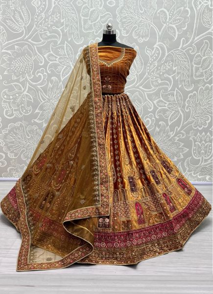 Orange Velvet With Thread, Embroidery & Handwork Wedding-Wear Bridal Lehenga Choli