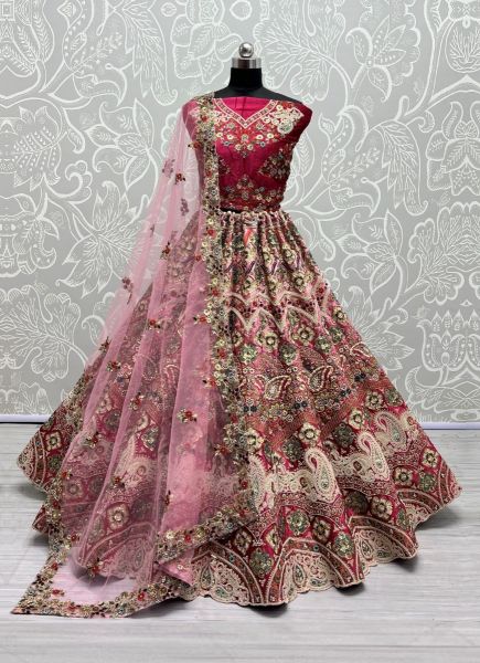 Pink Velvet With Embroidery, Sequins & Handwork Wedding-Wear Bridal Lehenga Choli