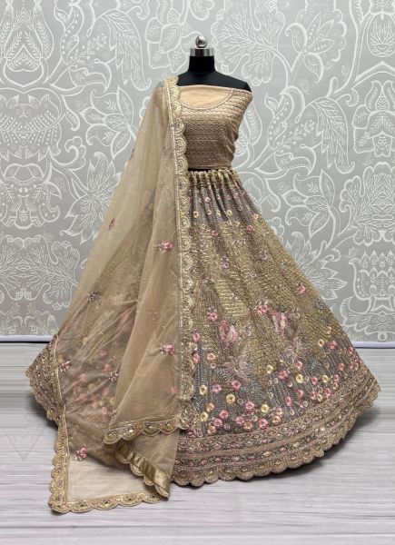 Creamy Yellow Net With Embroidery & Sequins-Work Wedding-Wear Bridal Lehenga Choli