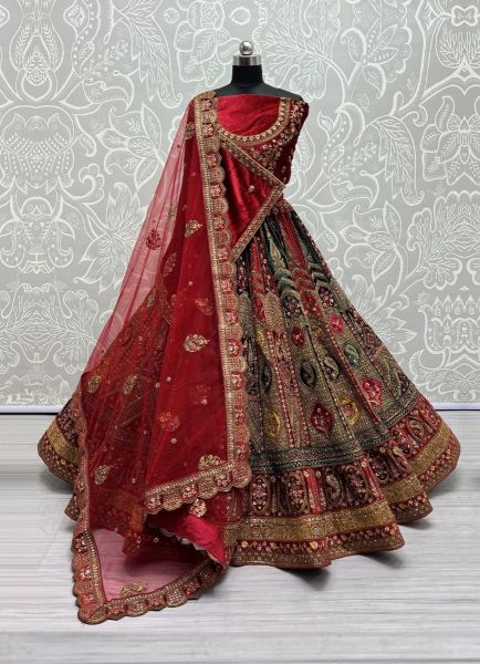 Red & Green Velvet With Embroidery, Sequins & Handwork Wedding-Wear Bridal Lehenga Choli With Double Dupatta