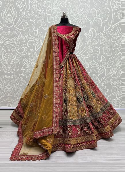 Golden & Dark Pink Velvet With Embroidery, Sequins & Handwork Wedding-Wear Bridal Lehenga Choli With Double Dupatta